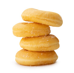 Side view of sugar glazed cinnamon donuts in stack isolated on white background with clipping path