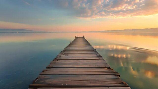 Sunrise Serenity on the Pier. A tranquil dawn scene with a wooden pier reaching into serene waters under a soft morning sky