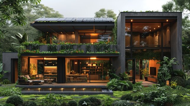 3D render of a modern eco-friendly house with solar panels on the roof, surrounded by lush greenery