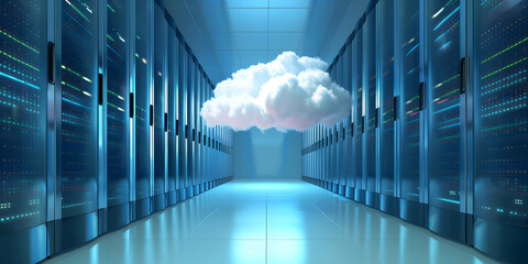 A cloud in the center of a large server room - obrazy, fototapety, plakaty