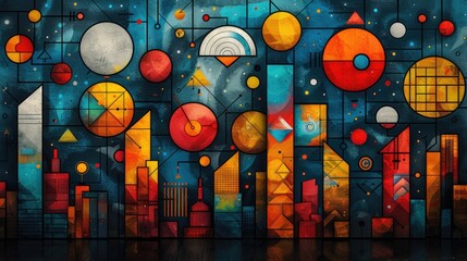 Fototapeta premium Abstract geometric patterns made of renewable energy symbols, bright colors