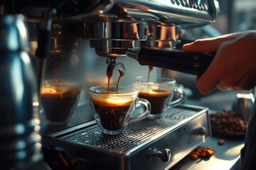 Barista making espresso coffee in cafe using coffee machine AI Generation