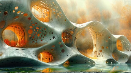 Abstract illustration of biomimicry in architecture, showing how nature-inspired design can enhance sustainability and efficiency - obrazy, fototapety, plakaty