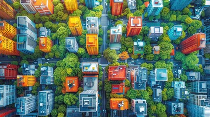Abstract illustration of sustainable urban planning concepts such as mixed-use development, walkable neighborhoods, and public transit connectivity - obrazy, fototapety, plakaty