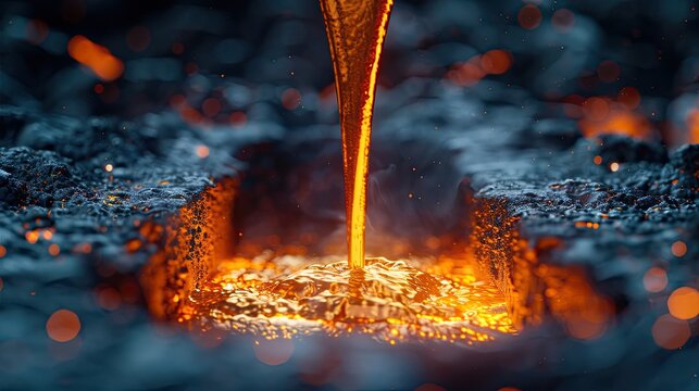 Abstract image of liquid metal being poured into molds, blurred motion, artistic color grading