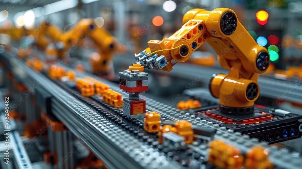 Poster automated robotic arms assembling toy blocks in a factory, playful colors