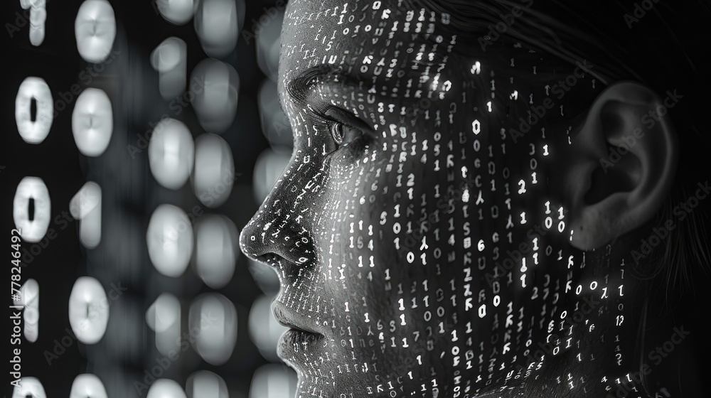 Poster binary code forming the shape of a human head, digital communication theme
