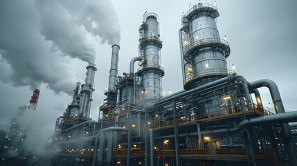 Artistic depiction of a carbon capture and storage facility, with pipes and filters against a grey sky - obrazy, fototapety, plakaty