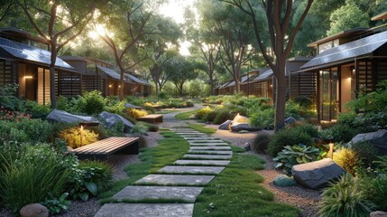 Artistic rendering of a sustainable urban park with solar-powered lights and recycled benches, modern and green
