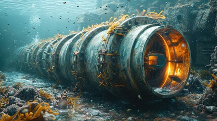 Artistic depiction of a tidal energy turbine underwater, with seaweed and fish swimming around - obrazy, fototapety, plakaty