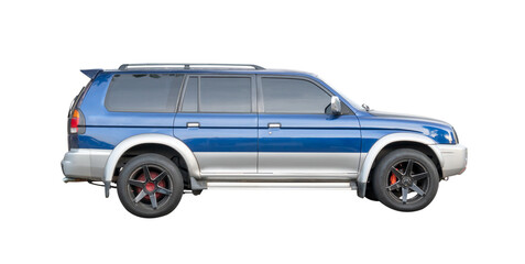 Side view of luxurious blue and bronze SUV sports car isolated with clipping path in png file format