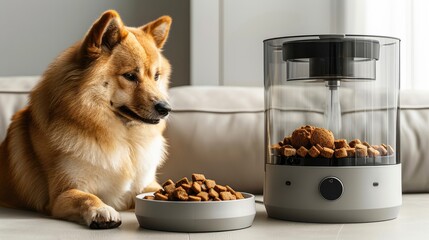 Automated dog feeder dispensing food for a furry friend, cozy home environment - obrazy, fototapety, plakaty