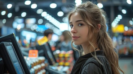 Automated checkout system in a supermarket, customers scanning products themselves