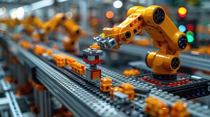 Automated robotic arms assembling toy blocks in a factory, playful colors