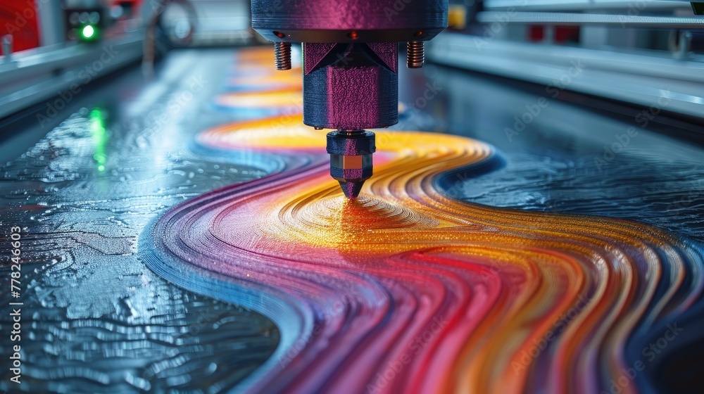 Poster close-up image of 3d printer nozzle creating intricate design, vibrant contrasting colors
