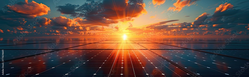 Poster close-up of a solar panel array installed on the rooftop of a sustainable building, capturing sunlig
