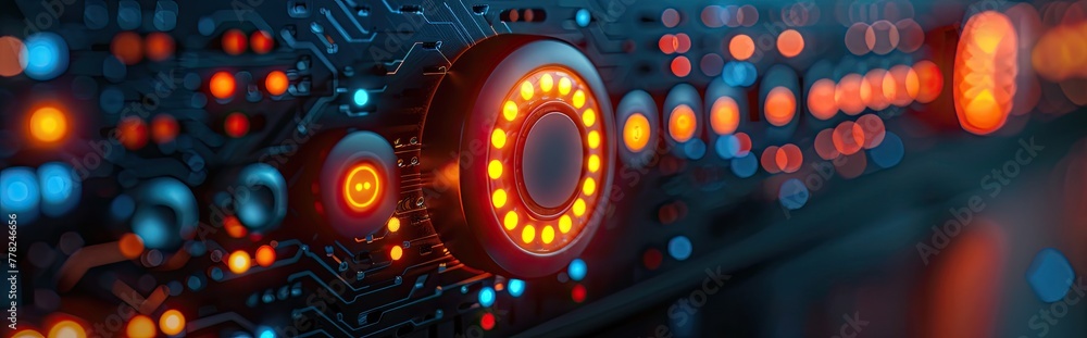 Poster close-up of computer monitor power button, sleek design