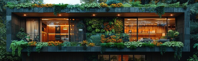 Close-up of a green wall system installed on the facade of a sustainable building, showcasing a variety of plant species and textures - 778246622