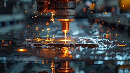 Close-up of a water jet cutter slicing through a thick piece of metal, water spray and metal particles in the air - obrazy, fototapety, plakaty