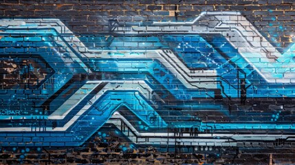 Abstract Blue Graffiti Art on Brick Wall
