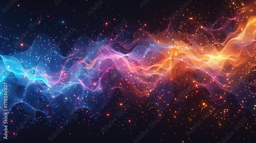 Poster colorful data visualization chart with interconnected nodes, information flow concept