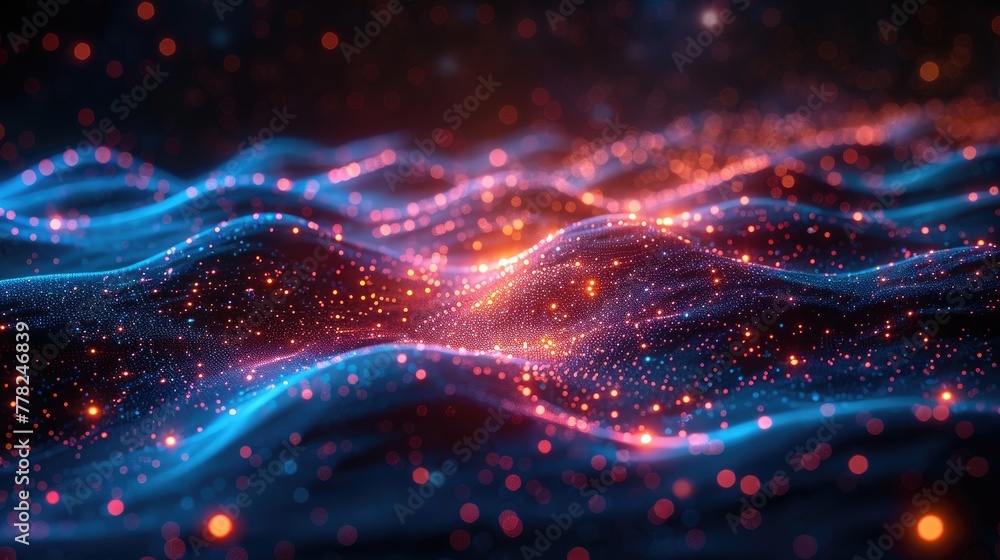 Poster colorful data visualization chart with interconnected nodes, information flow concept