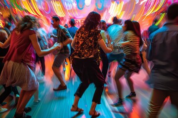 A group of people energetically dancing in a brightly lit room, showcasing their dynamic moves and vibrant energy