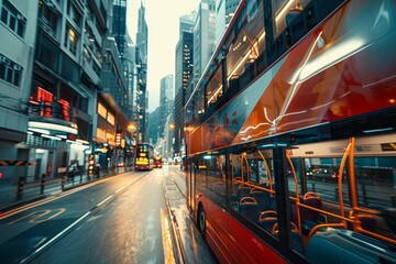 A double decker bus is navigating through a city street, showcasing its iconic charm and presence as it moves along the urban environment