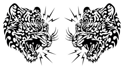 Symmetrical Tribal Tigers Face-off Tattoo Design in Black and White
