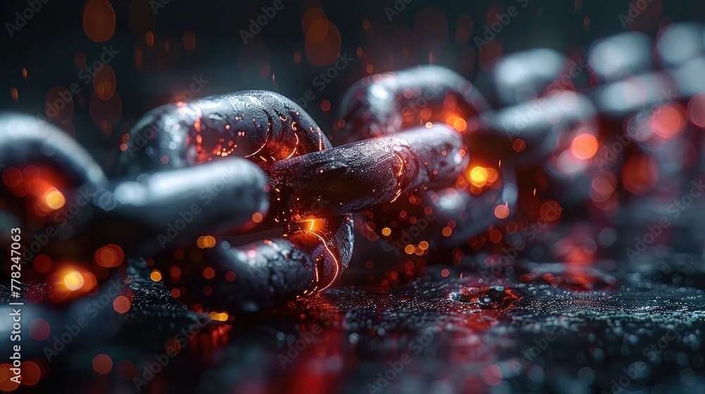 Poster data integrity concept with broken chain on a digital background, information security symbol