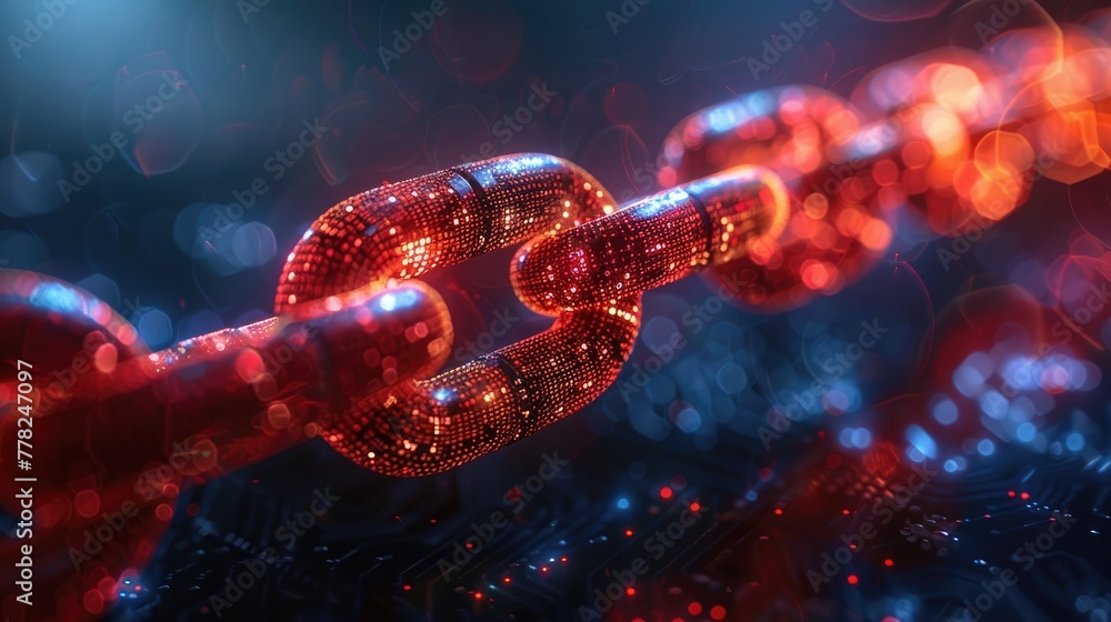 Poster data integrity concept with broken chain on a digital background, information security symbol