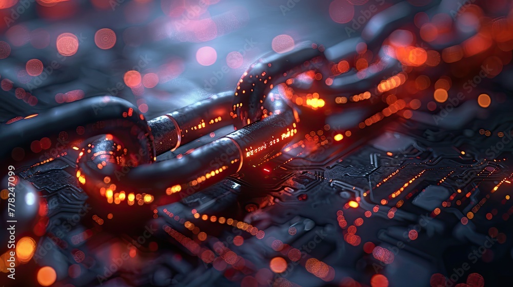 Poster data integrity concept with broken chain on a digital background, information security symbol
