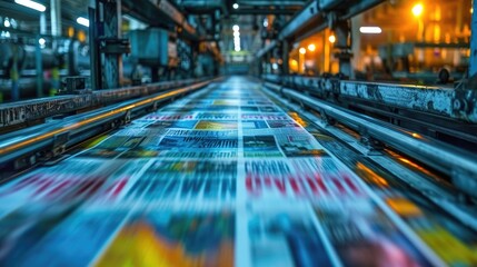 Conveyor belt transporting freshly printed newspapers in a printing press, fast-paced production