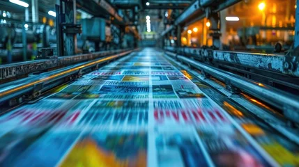 Foto op Plexiglas Conveyor belt transporting freshly printed newspapers in a printing press, fast-paced production © Gefo