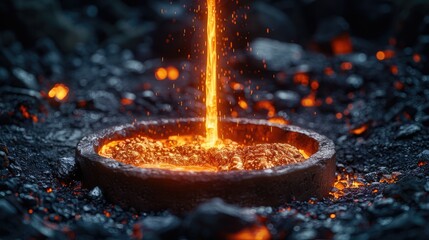 Dark and moody image of a furnace melting metal ore, glowing hot metal pouring out, industrial process - obrazy, fototapety, plakaty