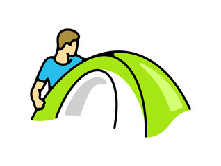 Man sets up tent, camping and camp. Tourism, hike, hiking, nature and camping trip, illustration