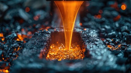 Dark and moody image of a furnace melting metal ore, glowing hot metal pouring out, industrial process - obrazy, fototapety, plakaty