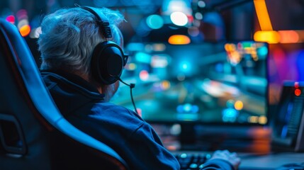 An elderly man is sitting in front of a computer wearing headphones while engaging with the screen,...