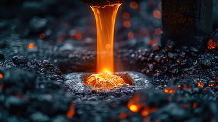 Dark and moody image of a furnace melting metal ore, glowing hot metal pouring out, industrial process