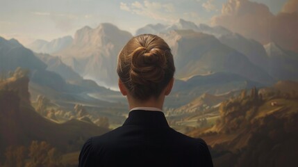 A woman stands in a gallery, looking at a classical painting depicting mountains - obrazy, fototapety, plakaty