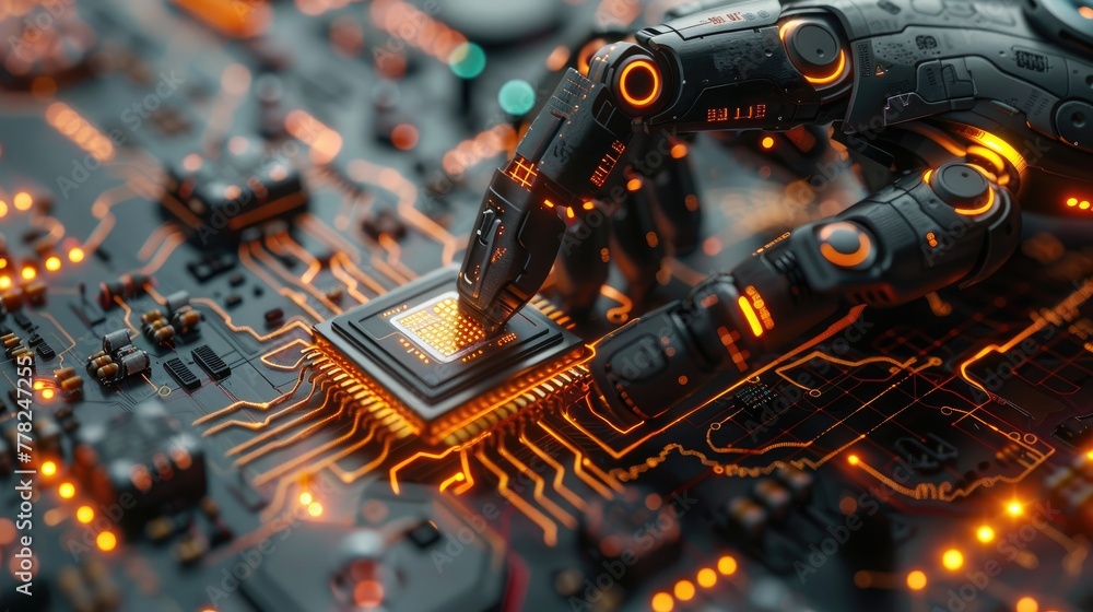 Poster detail of robot hand holding microchip, futuristic background with digital grid