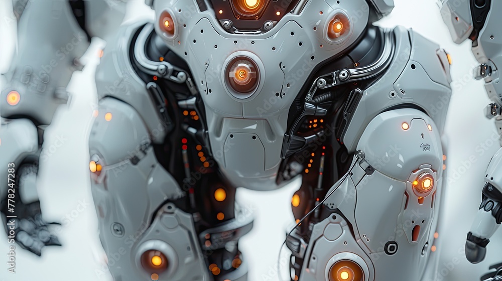 Poster detailed macro image of advanced robotic exoskeleton, with mechanical joints and digital controls