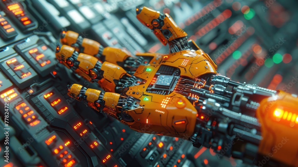 Poster detail of robot hand holding microchip, futuristic background with digital grid