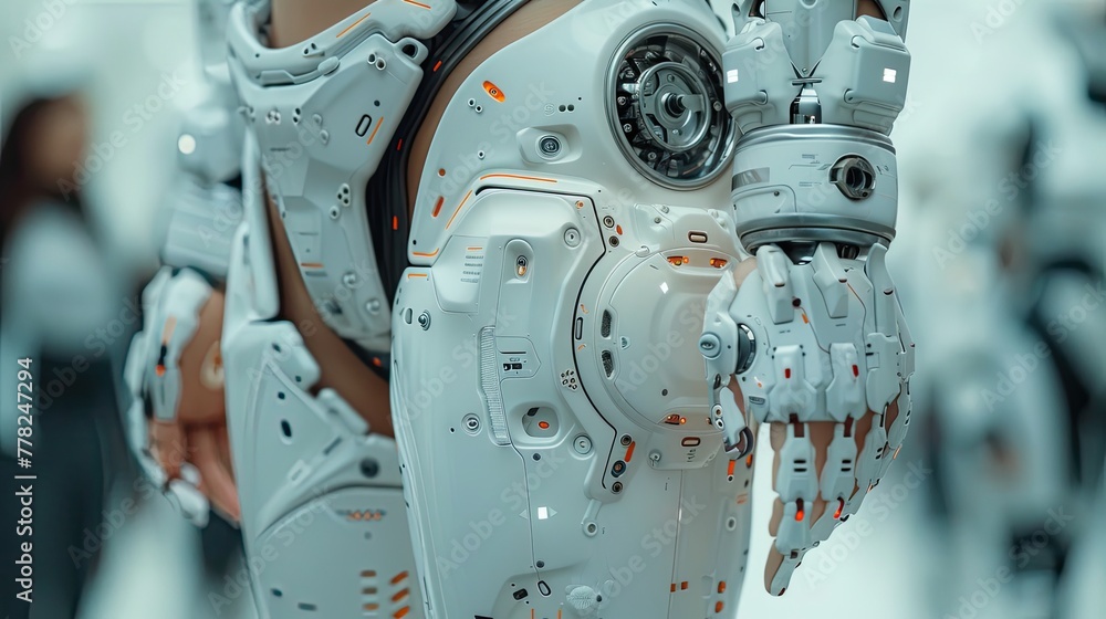 Poster detailed macro image of advanced robotic exoskeleton, with mechanical joints and digital controls