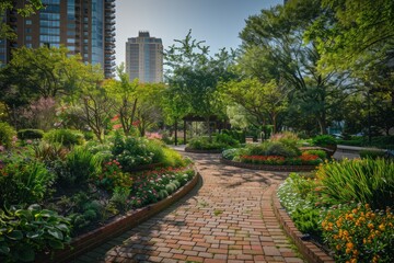 A brick path winding through a park filled with lush trees and vibrant flowers