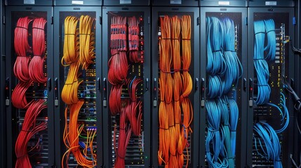 Detailed image of computer server rack cable management, organized chaos - obrazy, fototapety, plakaty