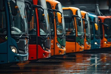 A lineup of buses parked in a depot, showcasing a variety of models all neatly aligned next to each other