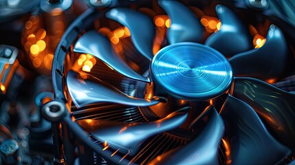 Detailed image of computer cooling fan blades, motion blur