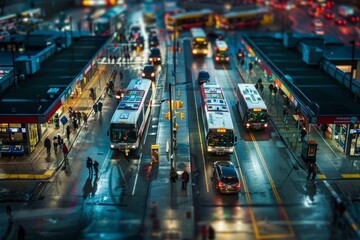 A busy city street packed with cars, buses, and pedestrians moving swiftly in all directions - obrazy, fototapety, plakaty