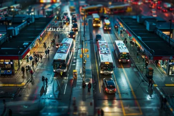 Foto op Plexiglas A busy city street packed with cars, buses, and pedestrians moving swiftly in all directions © Ilia Nesolenyi